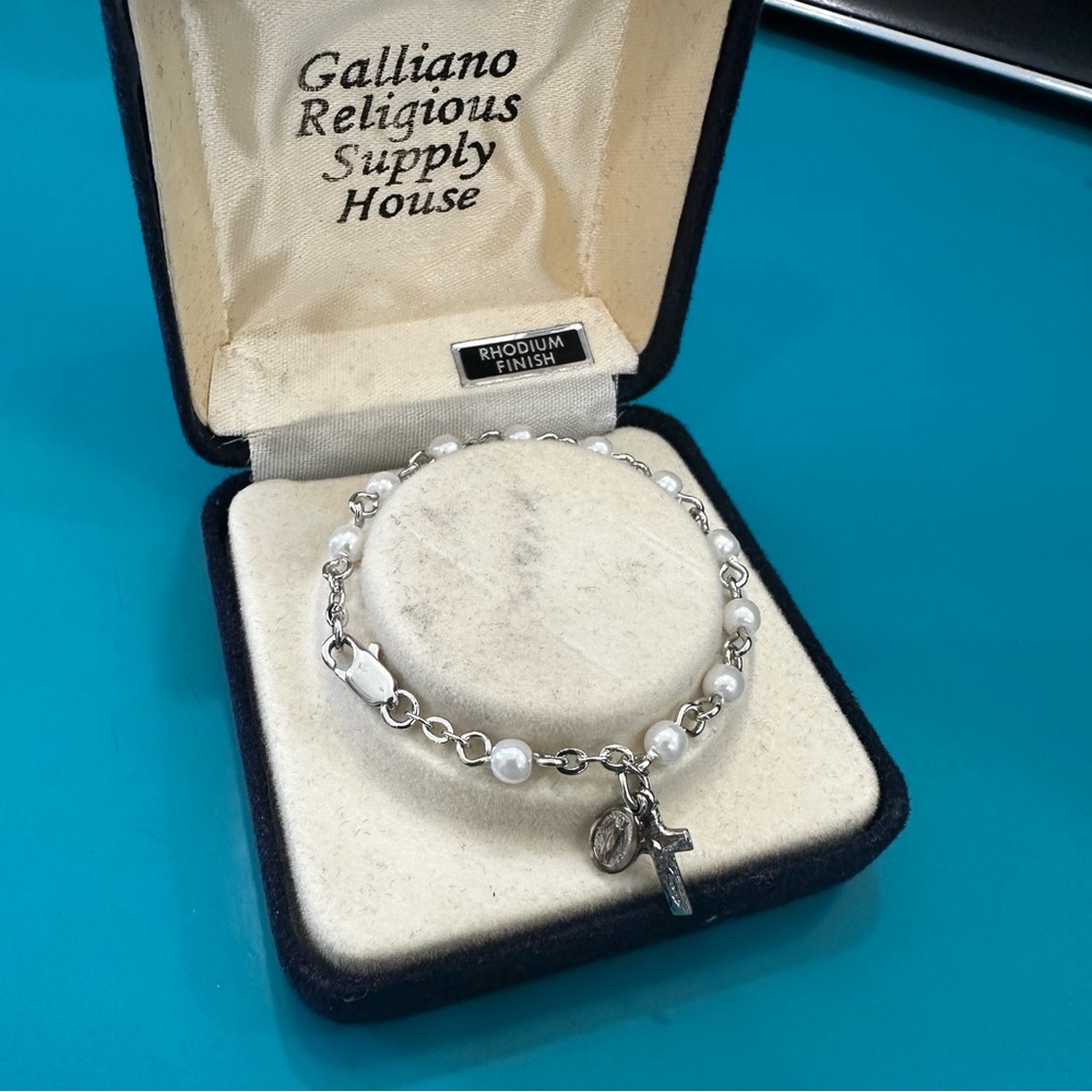 Rhodium Plated Faux Pearl Crucifix Cross Religious Medal Bracelet Baby Jewelry
